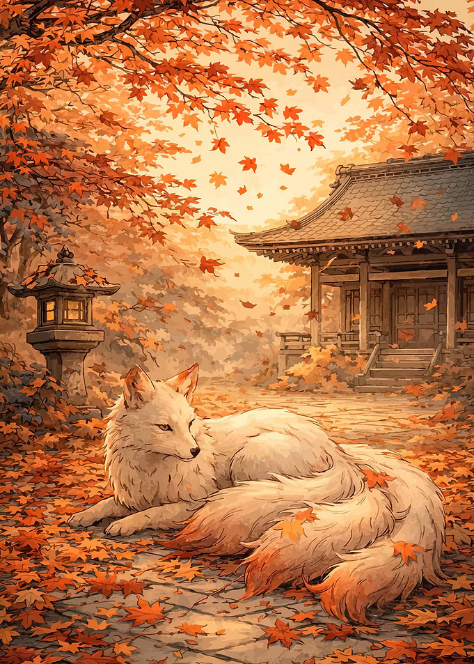 White Fox in Autumn Shrine
