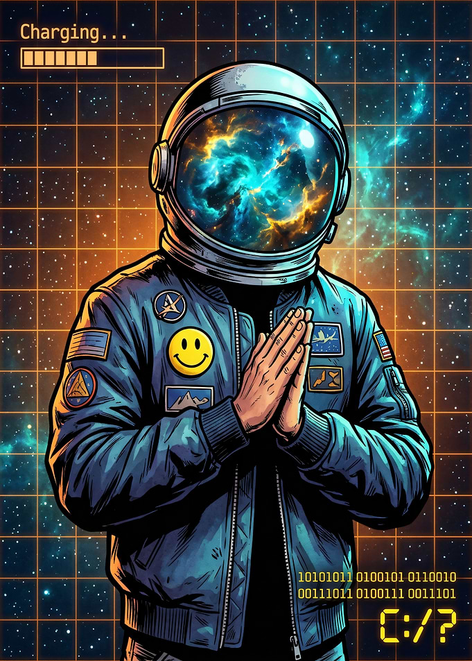 Astronaut with Galaxy Helmet and Binary Code