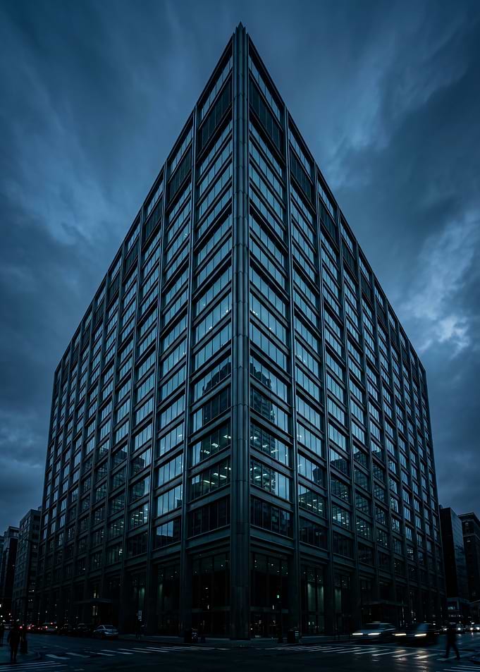 Modern Skyscraper Under Dark Clouds