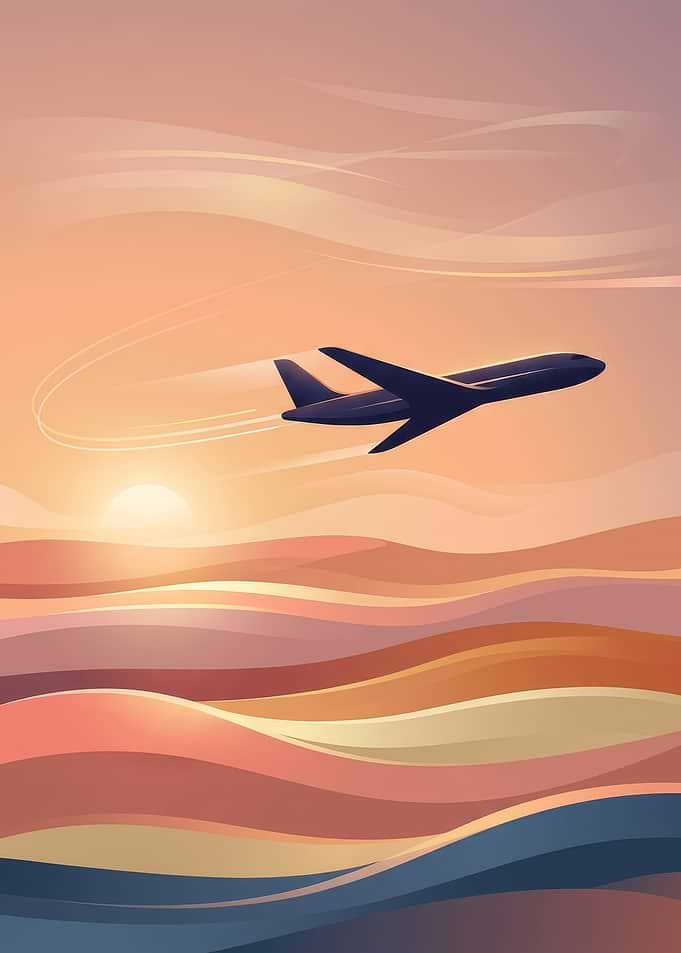 Airplane flying over colorful landscape at sunset