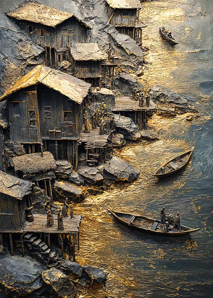 Golden Coastal Village Stone Relief