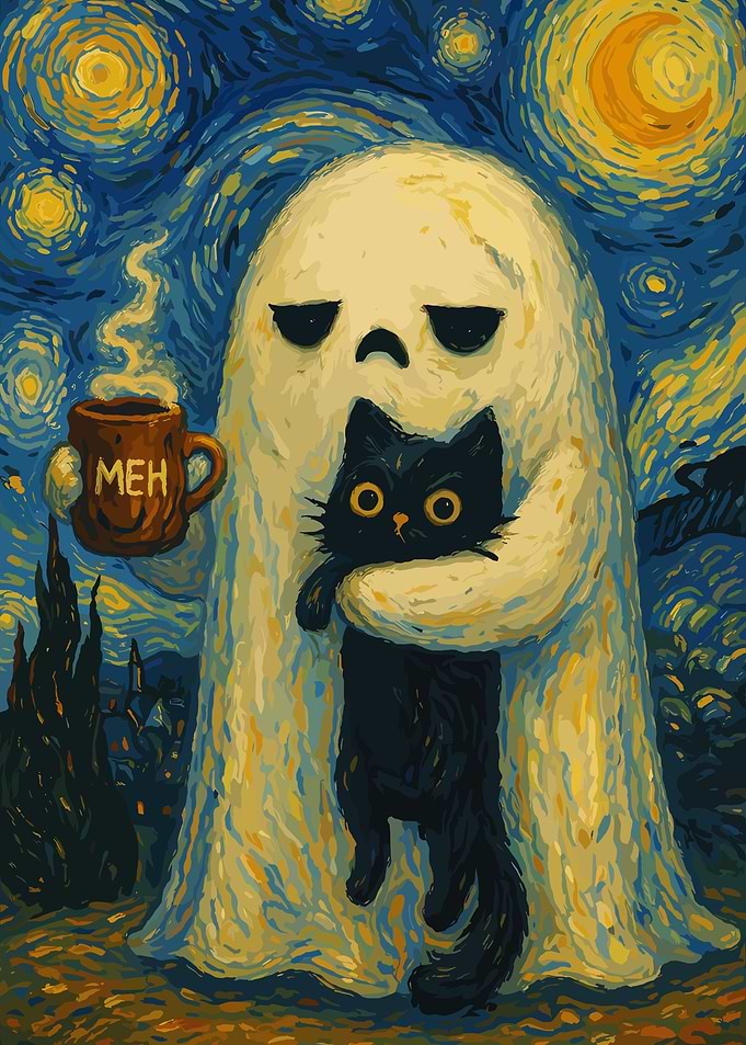 Ghost holding cat with 'Meh' mug