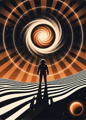 Astronaut facing a cosmic vortex