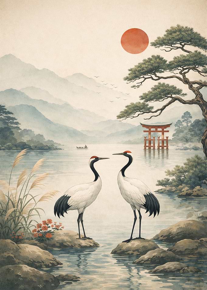 Japanese Cranes by a Torii Gate