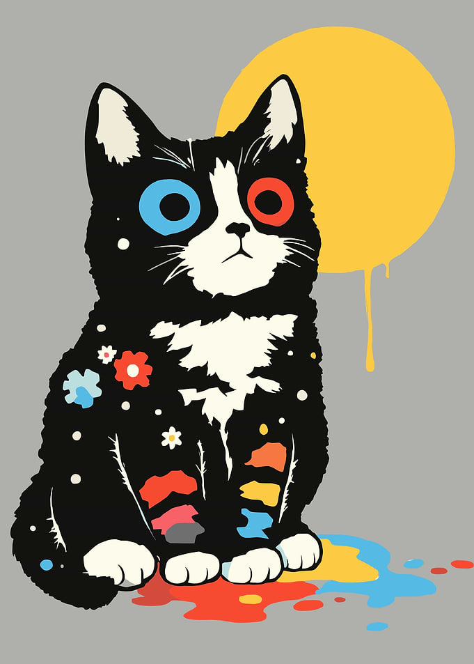 Whimsical Cat with Colorful Eyes and Paint Splatters