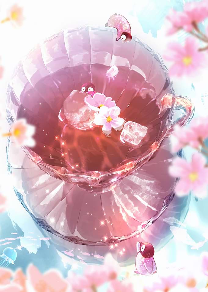 Cute Characters in Cherry Blossom Tea