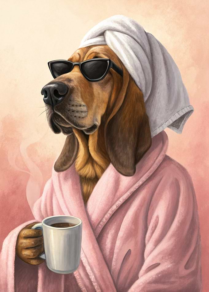 Bloodhound in Robe and Sunglasses with Coffee