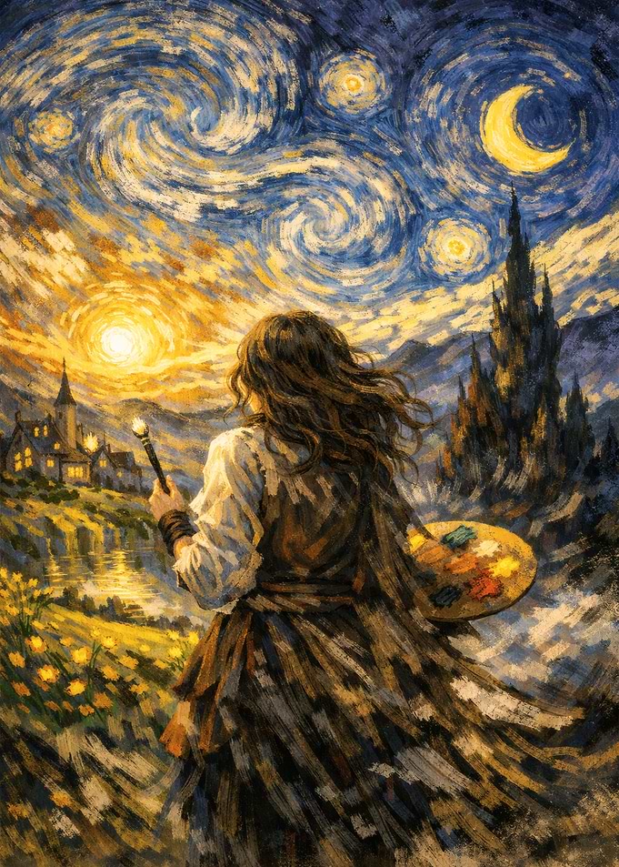 Artist Painting Starry Night Landscape