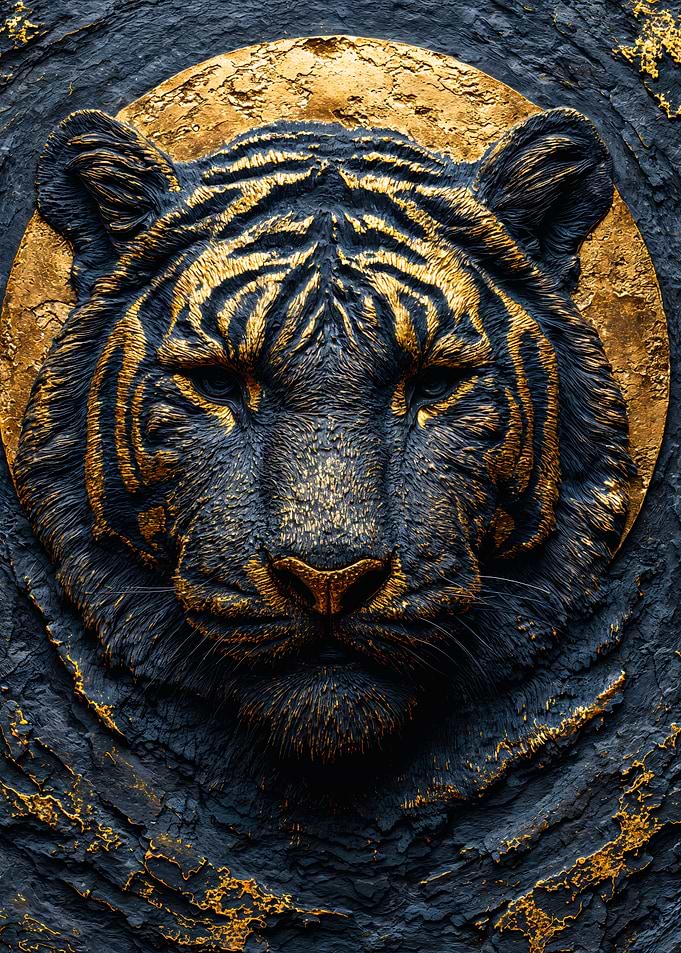 Golden Tiger Head Stone Relief