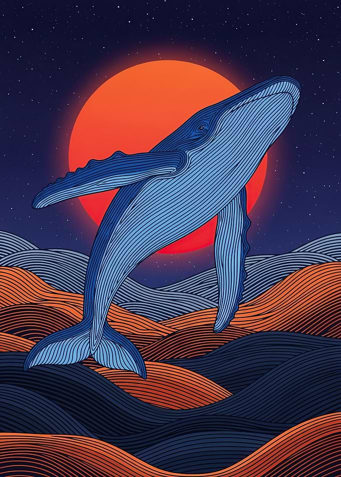 Whale jumping over stylized waves