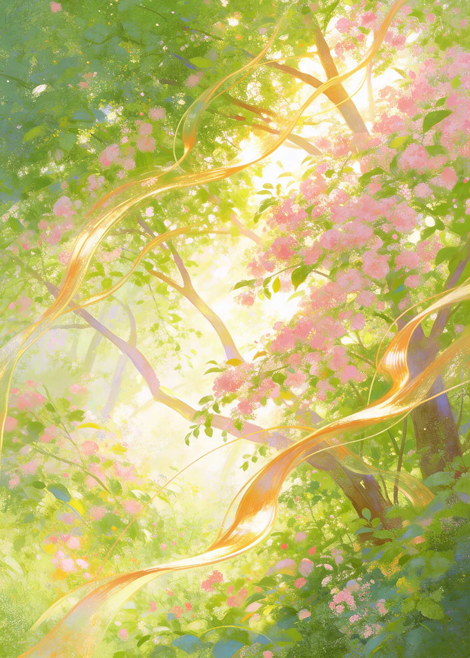Enchanted Forest with Pink Blossoms and Golden Ribbons