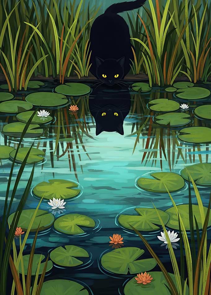 Black Cat Reflecting in Water