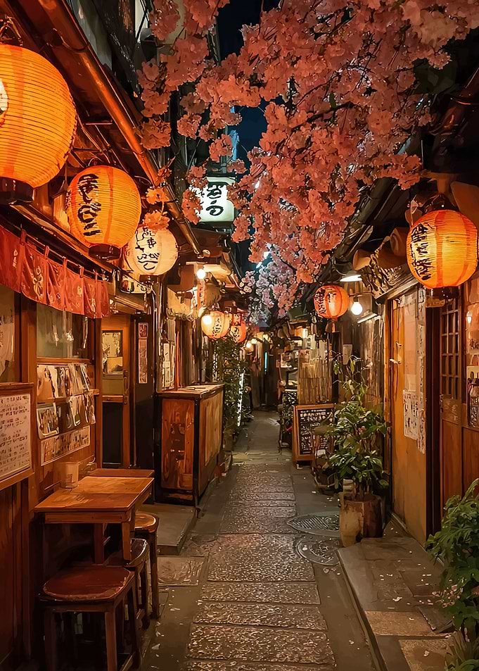 Japanese Alleyway with Cherry Blossoms and Lanterns