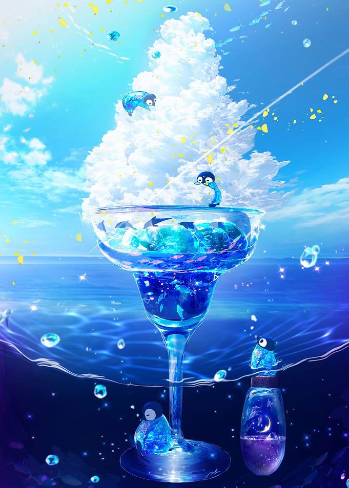 Penguins in a Giant Cocktail Glass