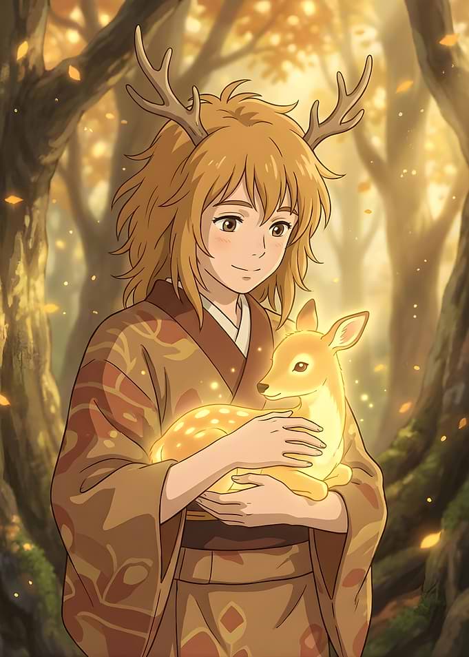 Girl with Antlers Holding a Glowing Fawn