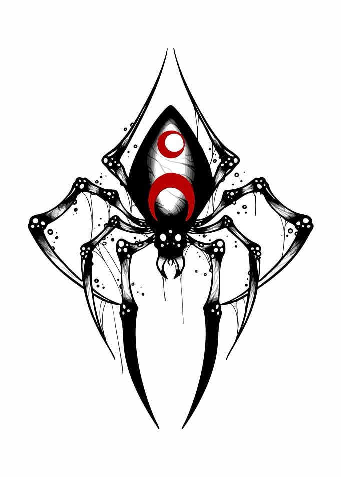 Stylized Black Spider with Red Moon Symbol