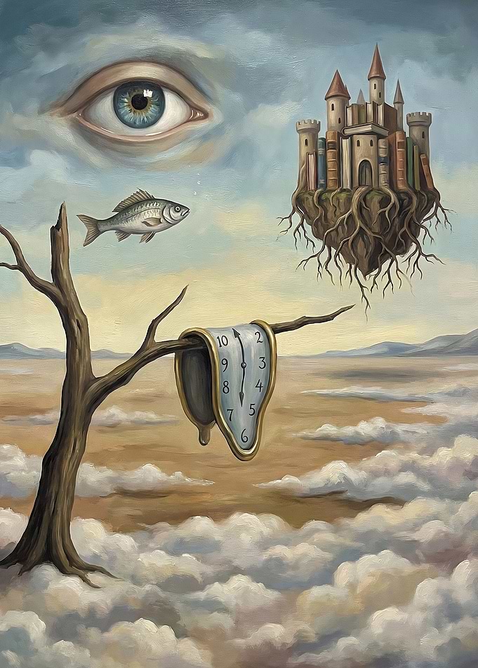 Surreal Dreamscape with Melting Clock and Floating Castle