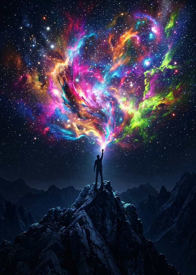 Man Reaching for Cosmic Nebula