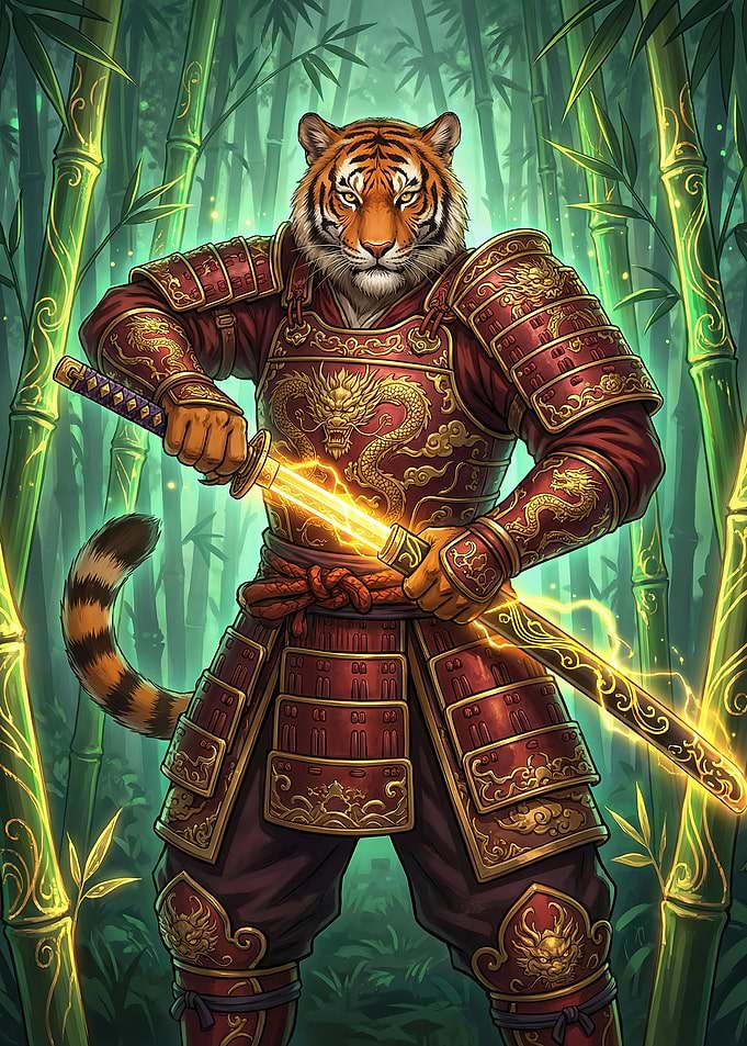 Tiger Samurai with Glowing Sword