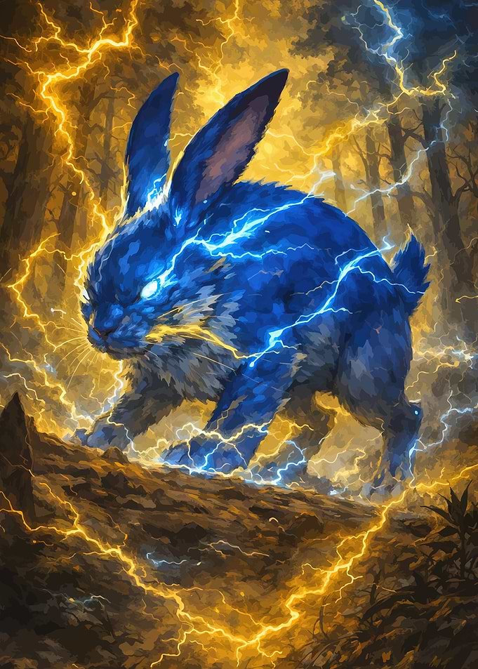 Electric Blue Rabbit in Lightning Storm