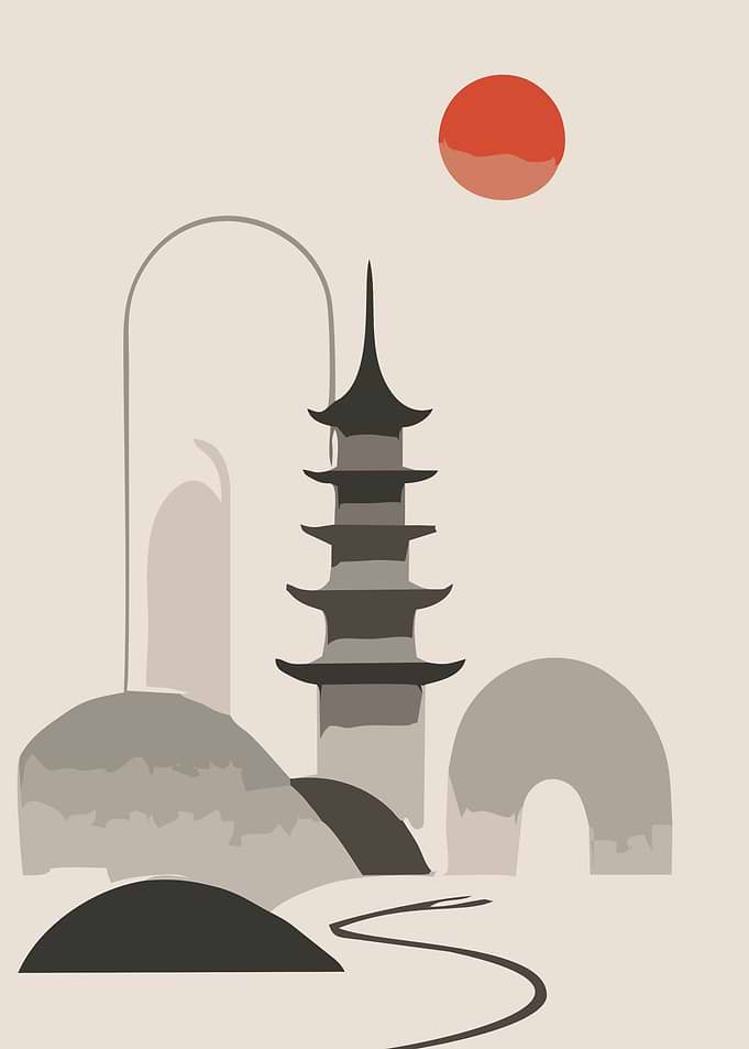Minimalist Japanese Pagoda Landscape