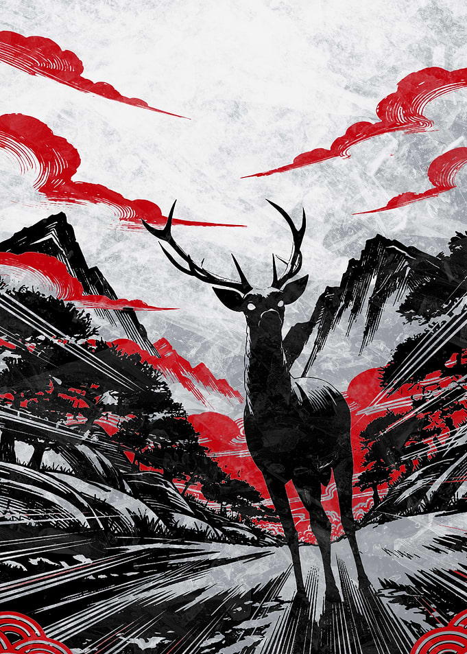 Mystical Deer in a Japanese Landscape
