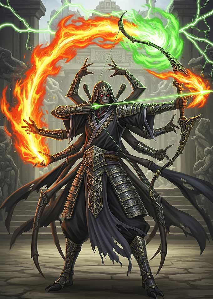 Multi-armed sorcerer with elemental powers