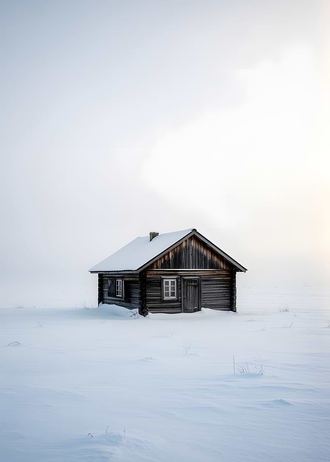 Solitary Cabin in Snowy Landscape