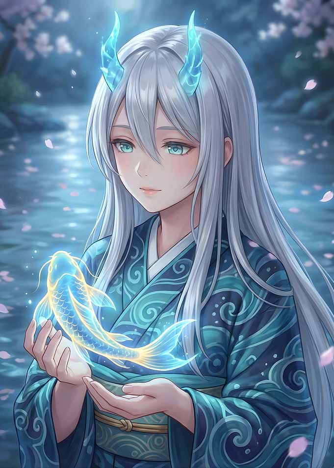 Anime Girl with Glowing Koi