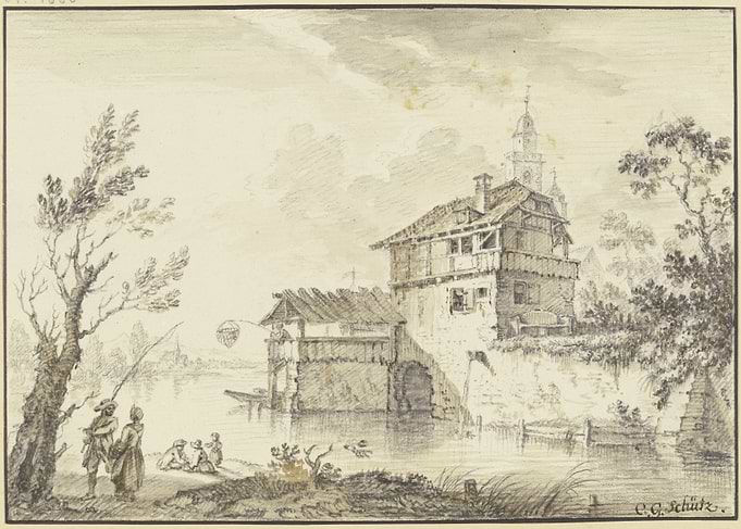 Riverside Scene with Buildings and Figures