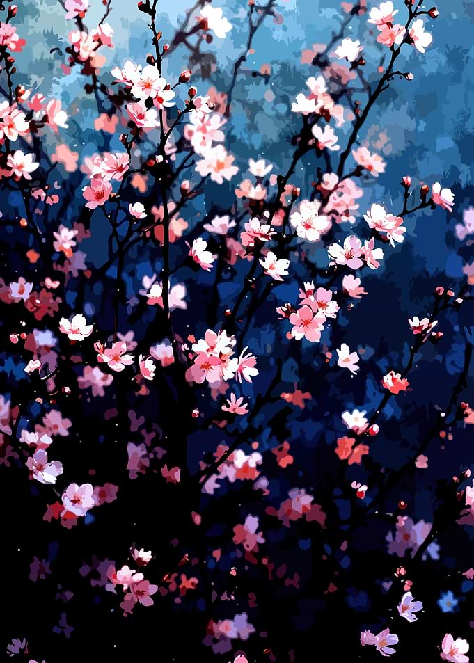 Pink Cherry Blossoms on Dark Blue Background