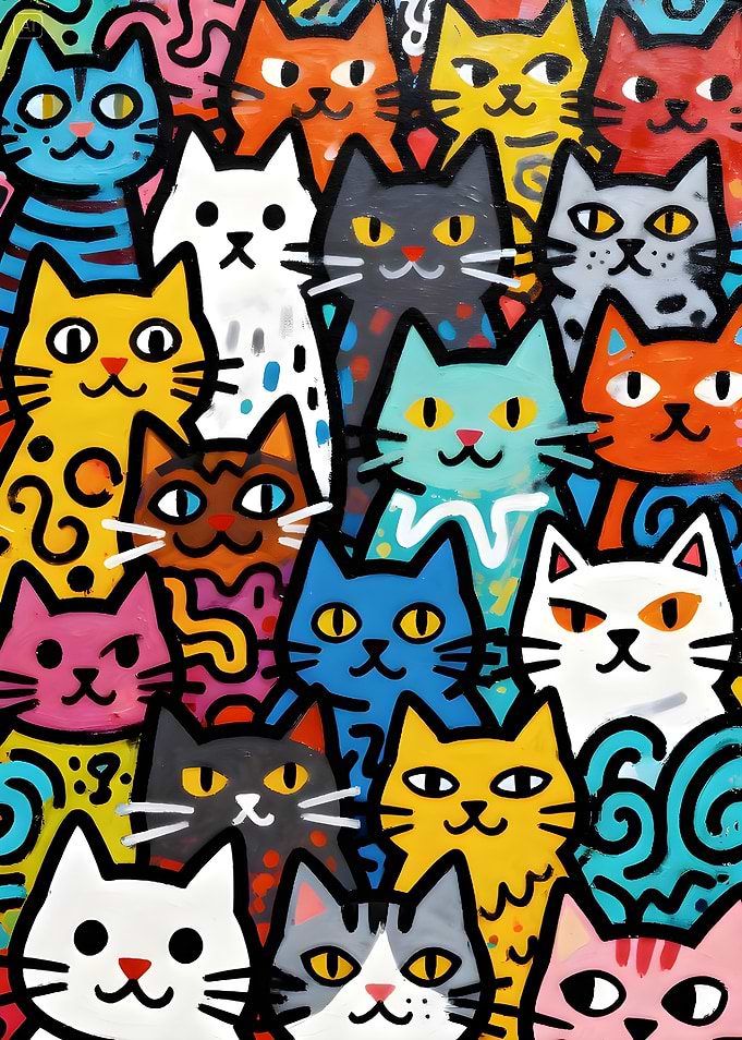 A Colorful Painting of Many Cats