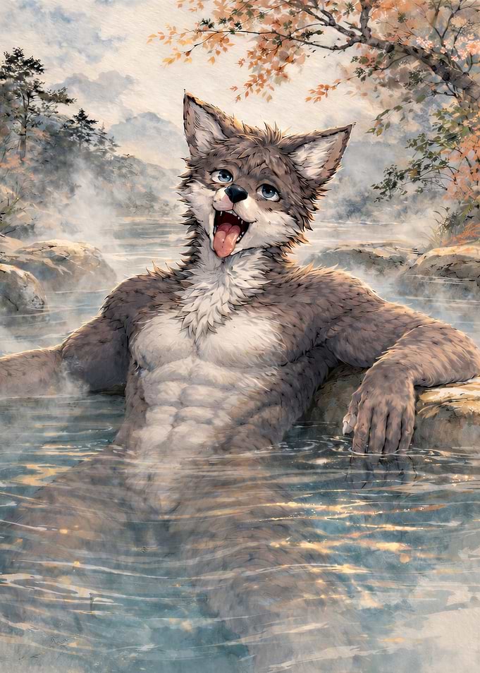 Anthropomorphic Wolf Enjoying a Hot Spring