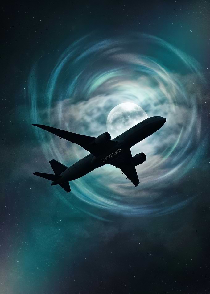 Airplane flying through a nebula