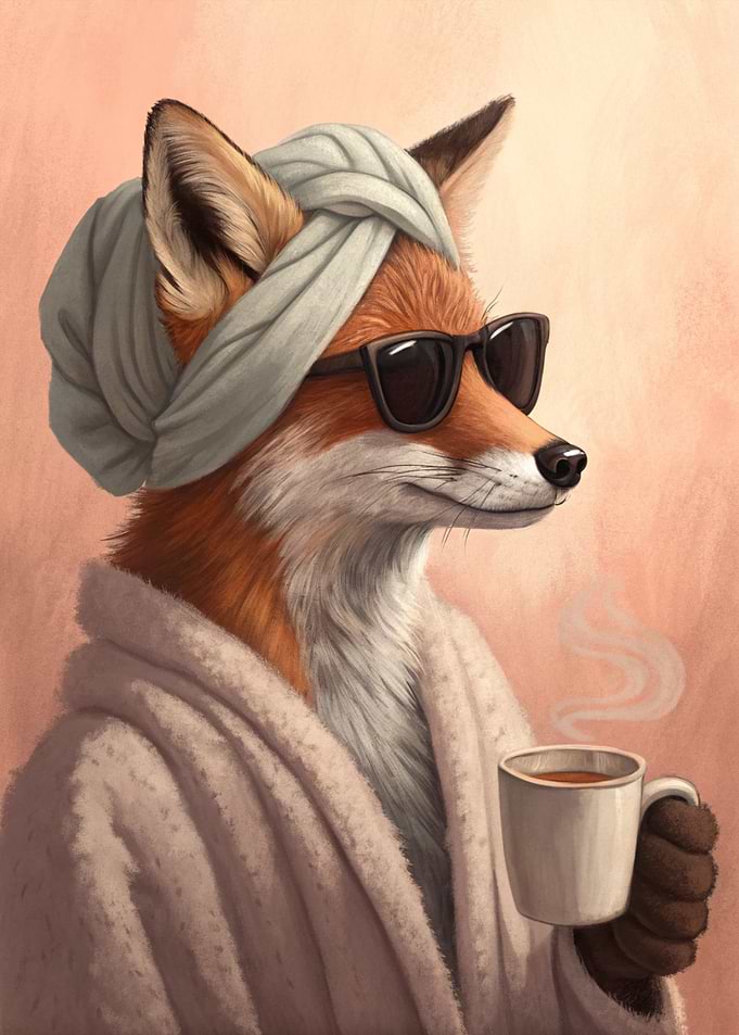 Fox in Robe and Sunglasses with Coffee