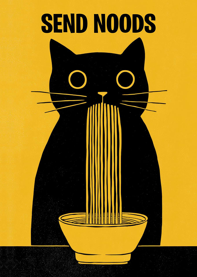 Send Noods, Black Cat Eating Noodles