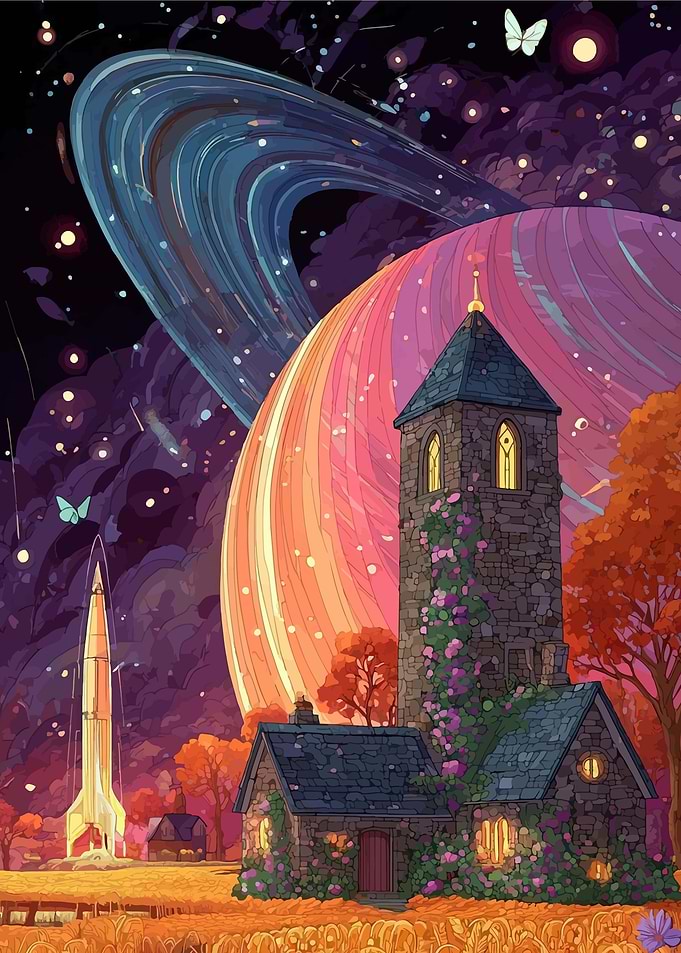 Whimsical Space Landscape Rocket Church