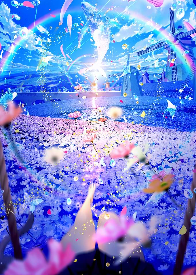Whimsical Field of Flowers with Rainbow