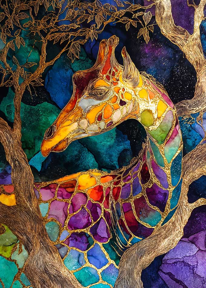 Majestic Giraffe Colorful Gold Ink Art