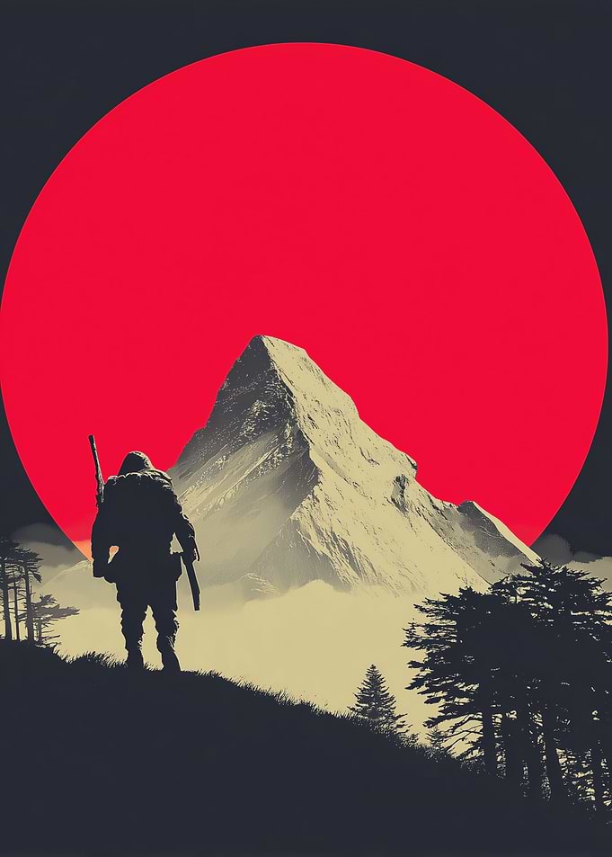 Lone figure before a mountain and sun
