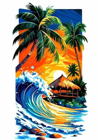 Tropical Beach Sunset with Wave and Hut