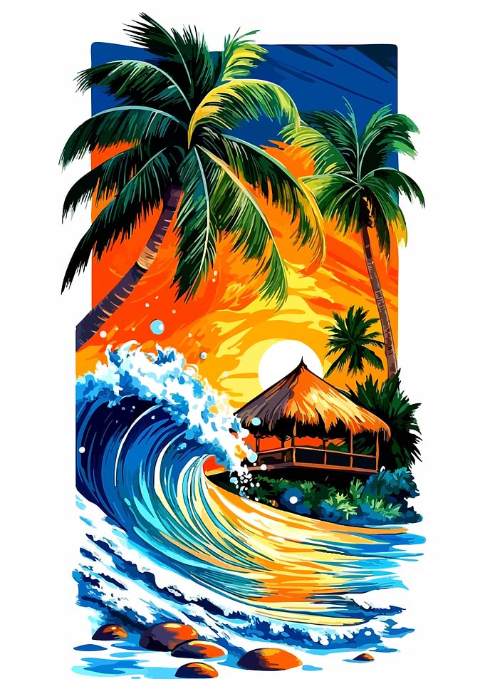 Tropical Beach Sunset with Wave and Hut
