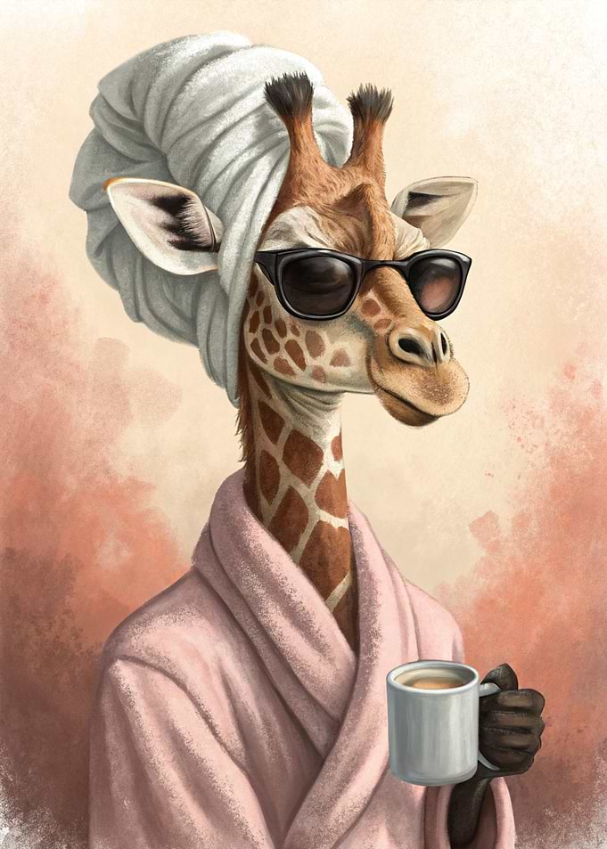 Giraffe in bathrobe and sunglasses
