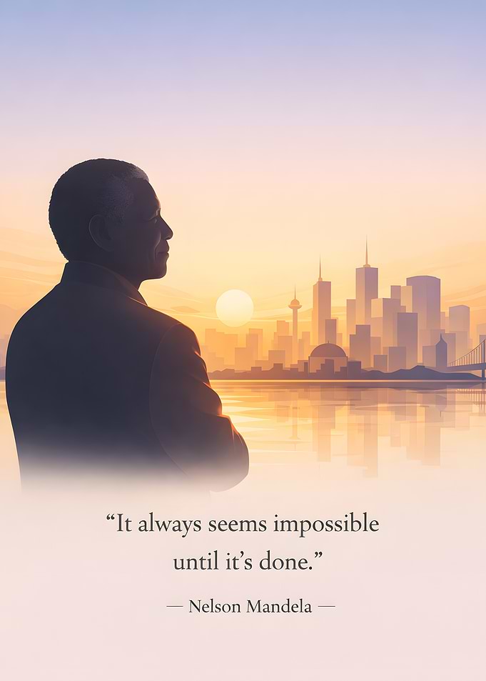 Nelson Mandela quote with cityscape sunset