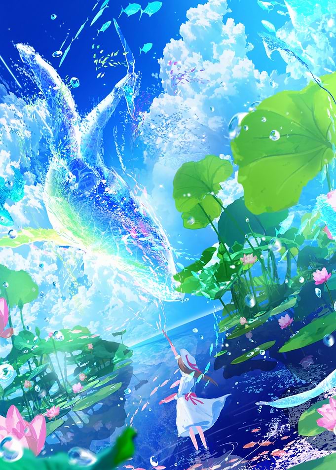 Magical Water Creature and Girl in Lotus Pond