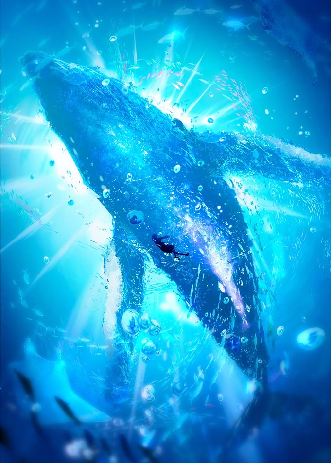 Diver with Whale in Blue Ocean