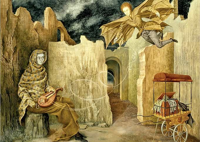 Surreal Scene with Flying Figure and Musician