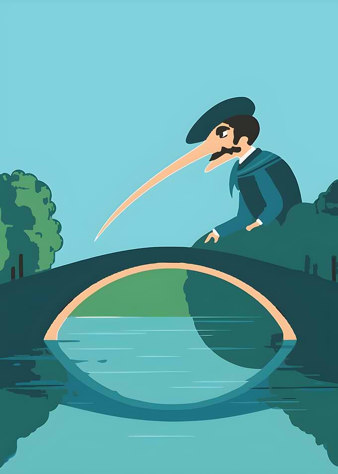 Man with long nose on bridge