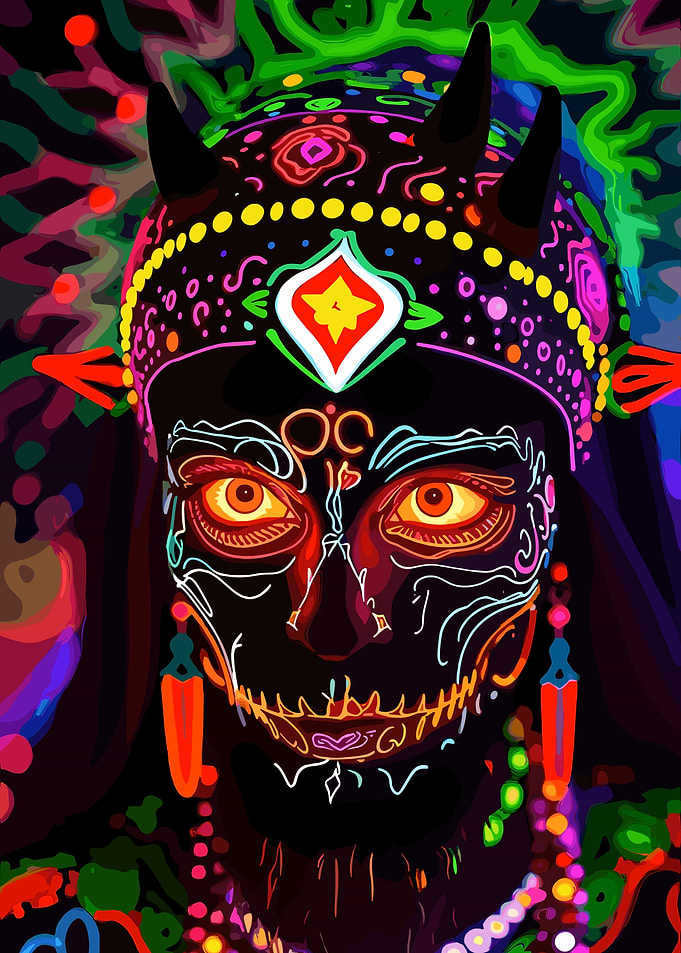 Neon Skull Face with Horns