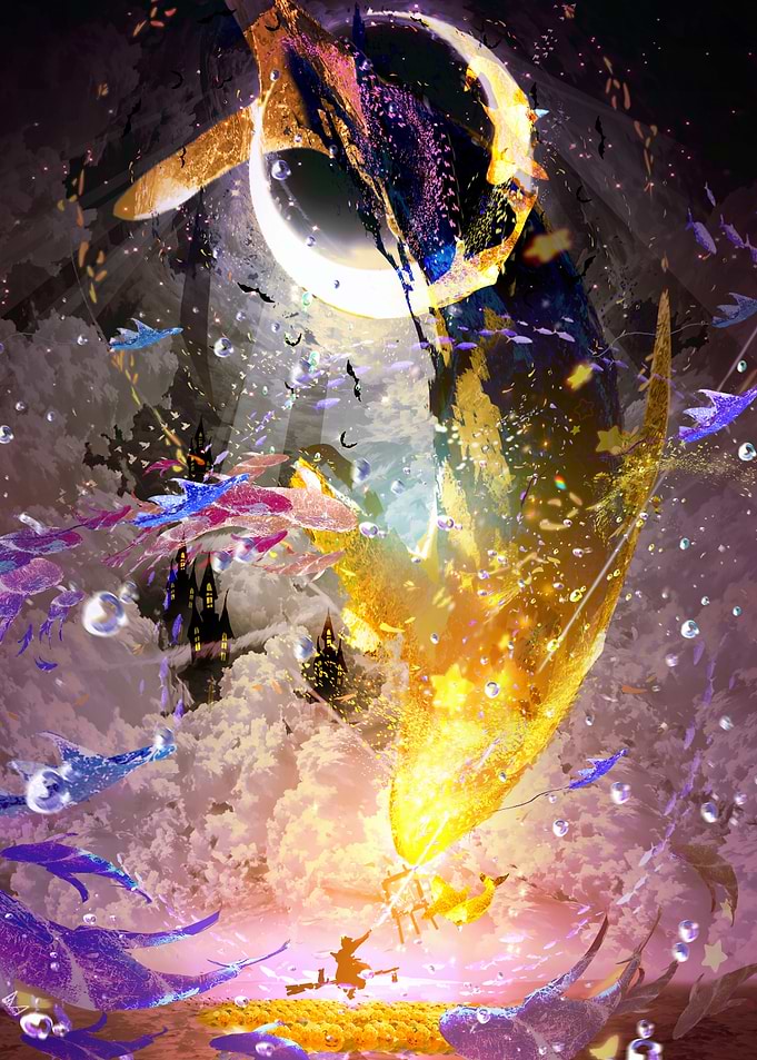Whimsical Fantasy Whale and Moon Scene